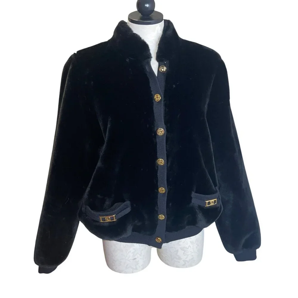 St John Vintage Womens Jacket Size Large Black Bomber Pockets Casual Faux Fur - Picture 16 of 16